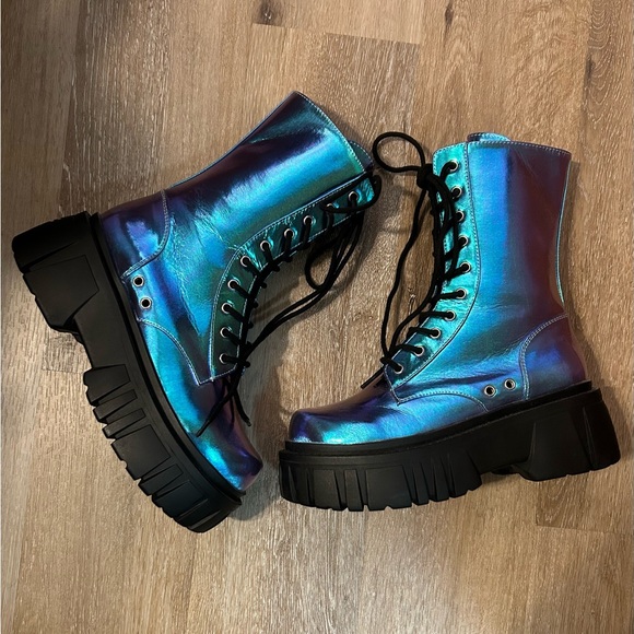 Current Mood Shoes - Doll’s Kill Current Mood Metallic Blue Platform Combat Boots Size 8